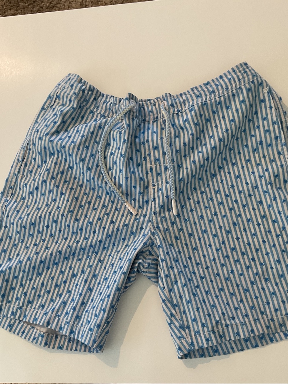 johnnie-O Boy’s  Blue and White Striped Drawstring Swim Shorts Size 12